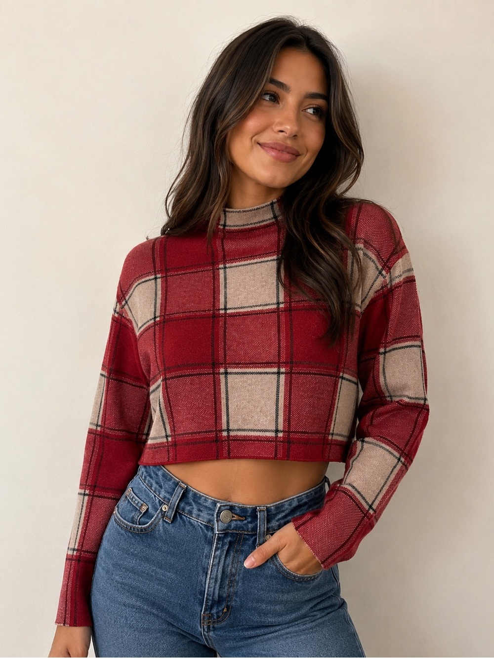 Plaid Crop Sweater Top Tahari in Red and Beige